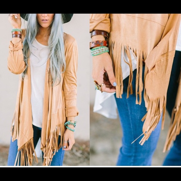 Suede fringe wrap sweater