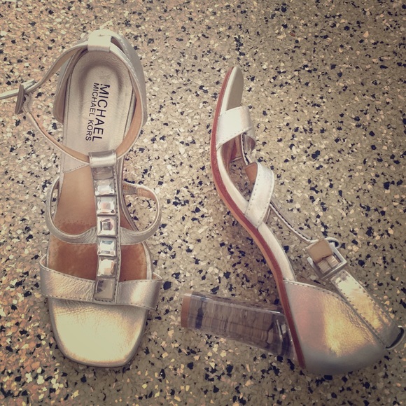 Silver Michael Kors jeweled sandals w/clear heel