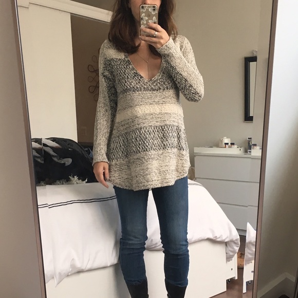 Knit mixed media v neck sweater