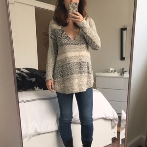 Knit mixed media v neck sweater