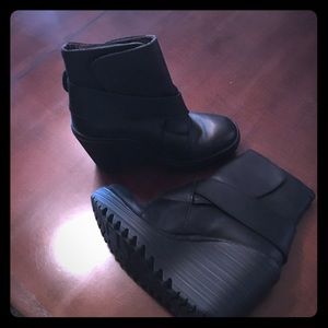 Fly London Leather "Yeddo" velcro wedge booties