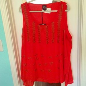 Orange Sleeveless Hi-Lo Hem w/ Faux Leather Detail