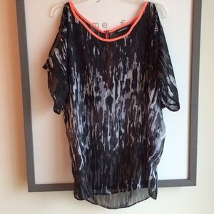 Express Black & White Patterned Top w/Neon Orange