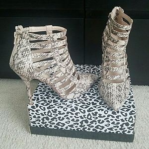 Anne Michelle Snakeskin Caged Bootie Pumps
