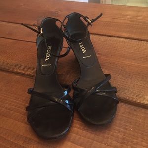 Pretty Prada black patent leather wedge sandals