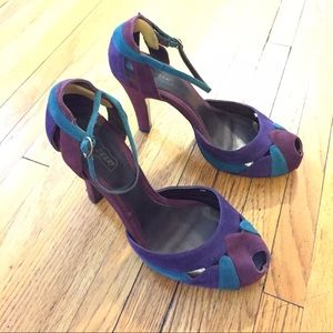 Gorgeous multi colored suede peep toe heels