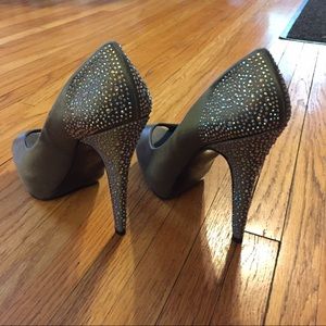 Grey satin pumps with rhinestone heel