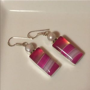 925 Silver & Pink Lace Agate Earrings