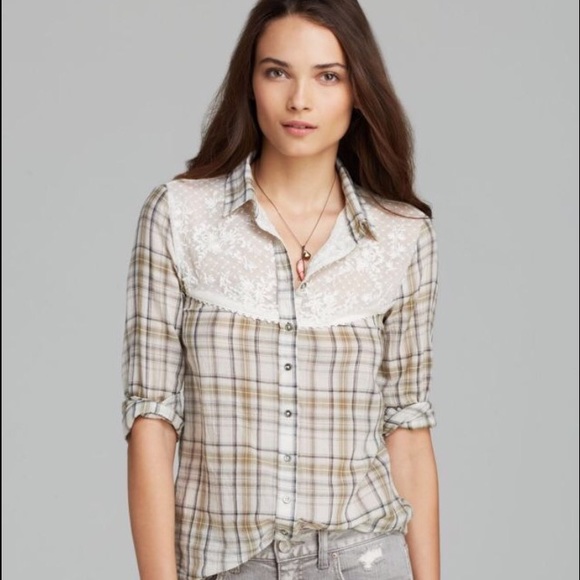 Free People Saddle Up Lace York Plaid Shirt NWT
