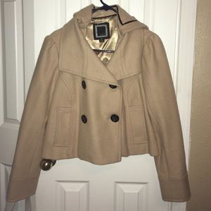 Tan hooded cropped pea coat