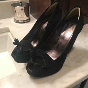 SAM EDELMAN Black Suede Peep-Toe Wedge w/Tassels