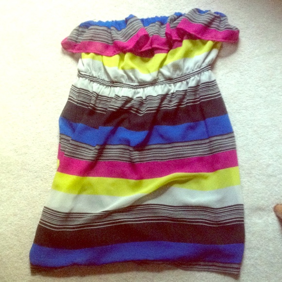 Sheer Striped Strapless Ruffle Dress