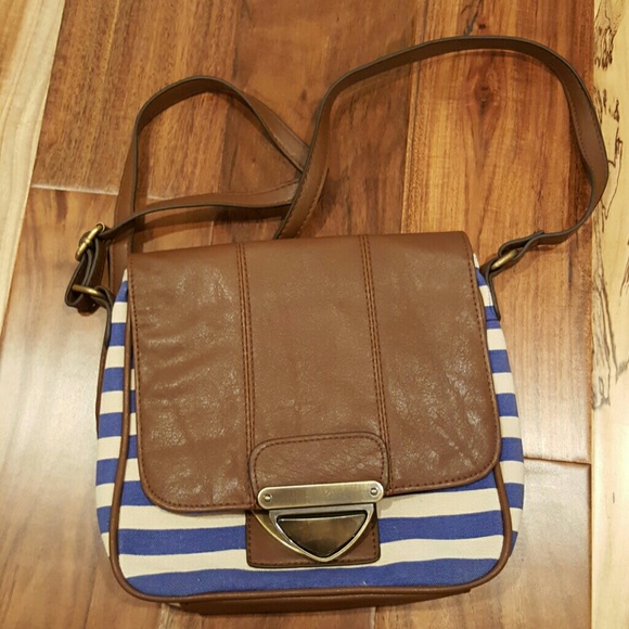 Bueno Handbags - White Blue and Brown Striped Crossbody Bag