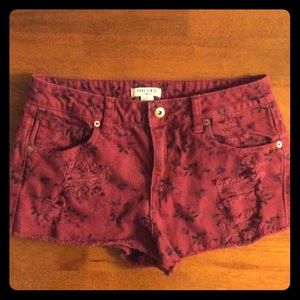 Distressed Rose Print Denim Shorts