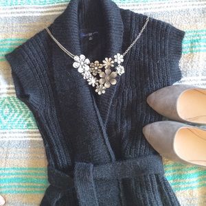 Charcoal colored open sweater vest with tie