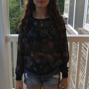 Cute Black Sheer Floral Long Sleeve Shirt / Size S