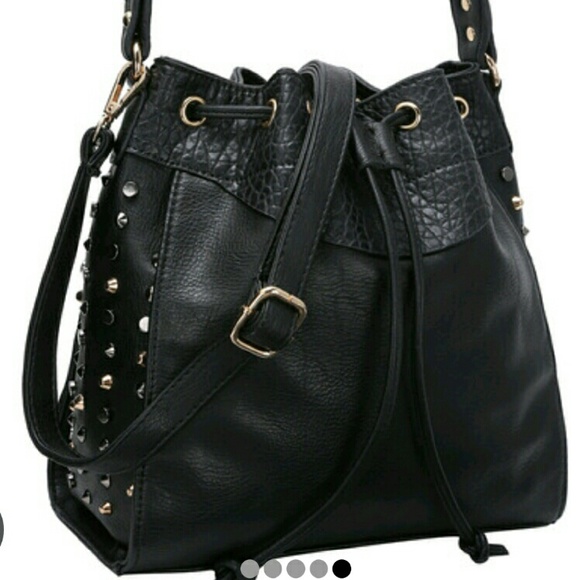 Black Studded PU Shoulder Bag with Drawstring