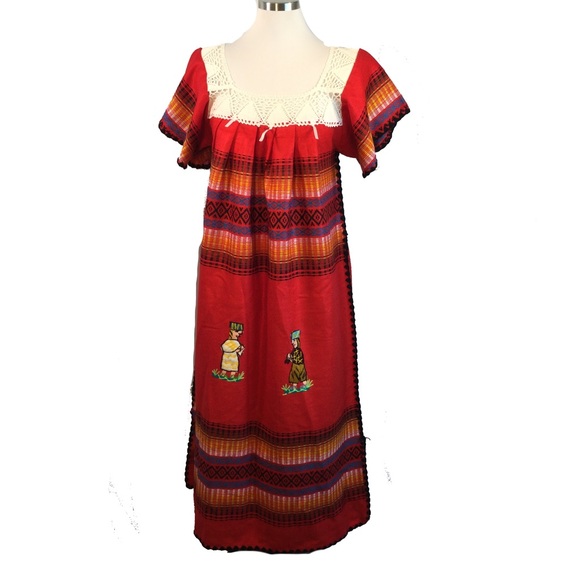 Mexican Red Blanket Sarape Peasant Dress Crochet