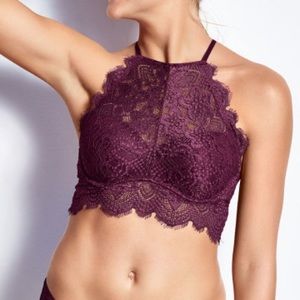 VS PINK Maroon High-neck Lace Bralette (M: A-C)