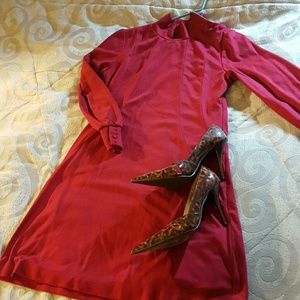Red, high collared, long sleeve dress