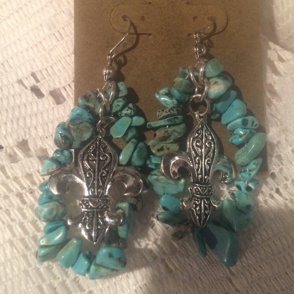 Turquoise longer earrings w/ Fleur De lise