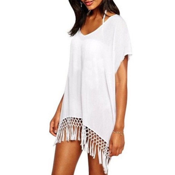 Knotted crochet white tunic coverup/beach dress