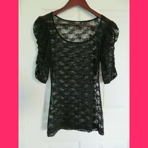 Express Sheer Lace Top/Shirt, black, 3/4 sleeve, s