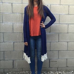 Long fringed blue cardigan by Nabee