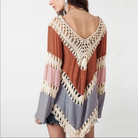 Crotchet Knit Loose Long Sleeve Boho Beach Top - Picture 2 of 6