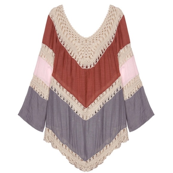 Crotchet Knit Loose Long Sleeve Boho Beach Top - Picture 3 of 6