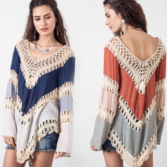 Crotchet Knit Loose Long Sleeve Boho Beach Top - Picture 4 of 6