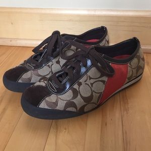 Coach Shoes, brown with orange stripe.