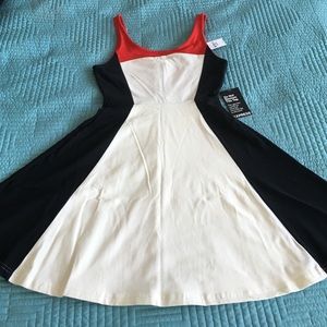 Red, white, and black color blocked skater dress