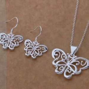 Silver 925 butterfly earings and necklace set