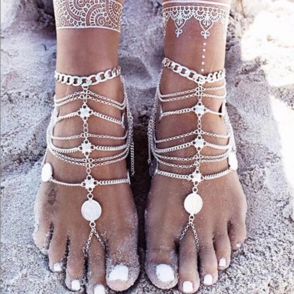 Coin Barefoot Sandals Boho Foot Body Jewelry- Pair - Picture 2 of 4