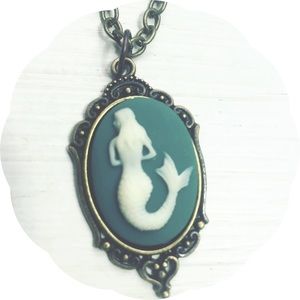 Small Blue Mermaid Cameo in Bronze Setting w Chain