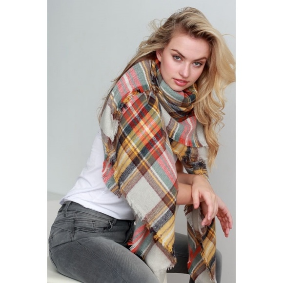 Plaid tartan blanket scarf shawl wrap mustard - Picture 2 of 4