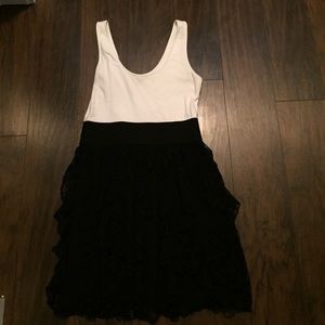 Black and white dress with lace ruffle bottom.