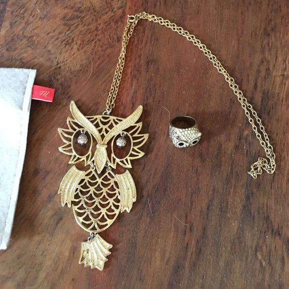 Long owl necklace and size 7 ring gold