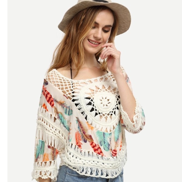 Feather Crotchet Summer Beach Ladies Blouse Top - Picture 3 of 4