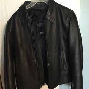 Ladies short leather motorcycle jacket.