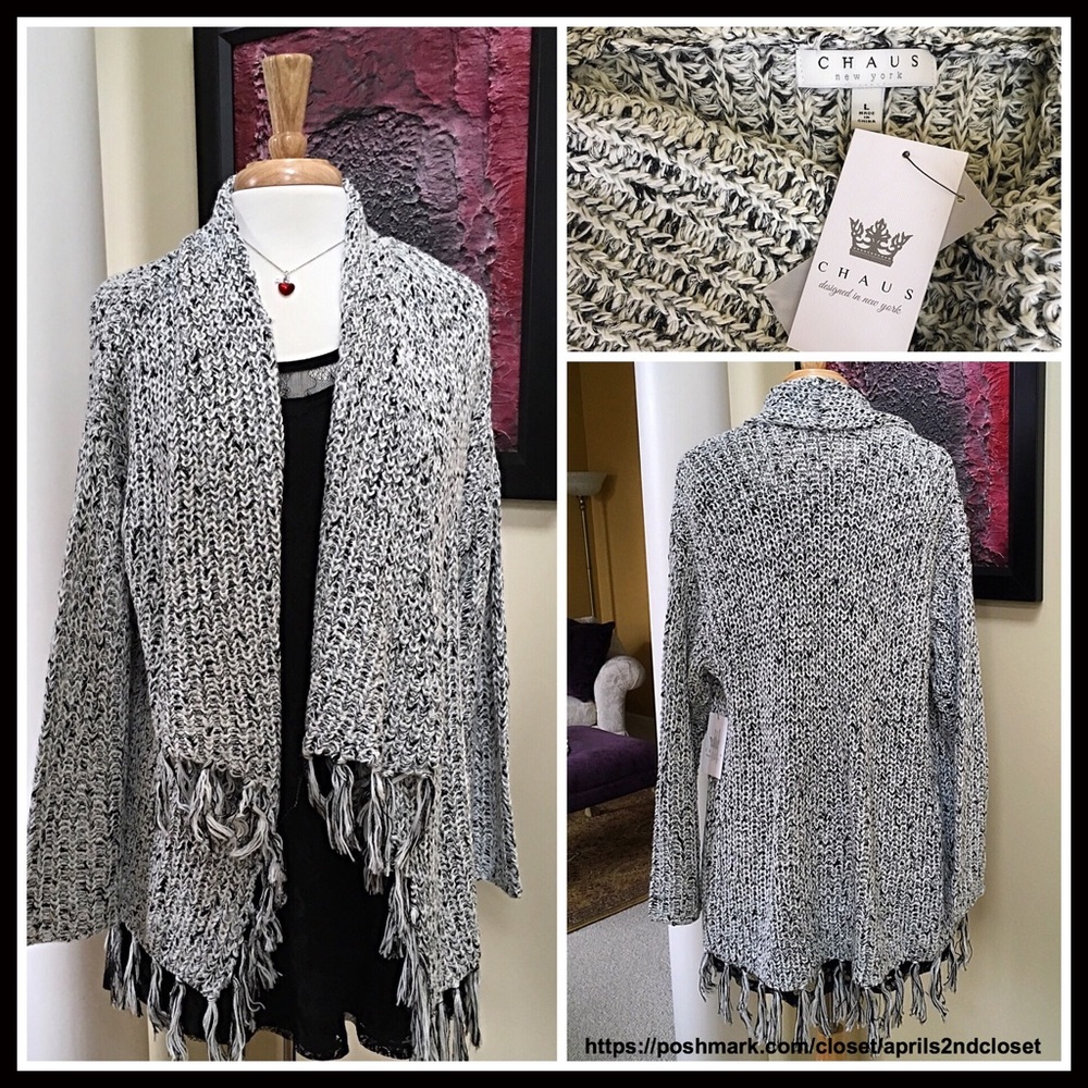 CHAUS LONG TASSEL FRINGE SHAWL CARDIGAN - Picture 4 of 8