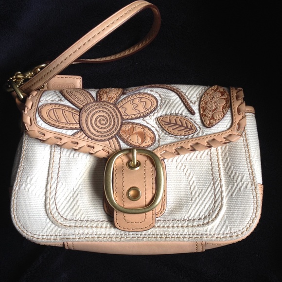 Coach leather and canvas wristlet clutch