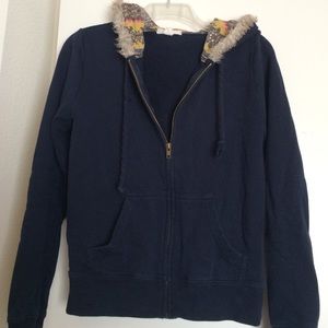 Navy Zip-up Hoodie with Tribal Fur Hood