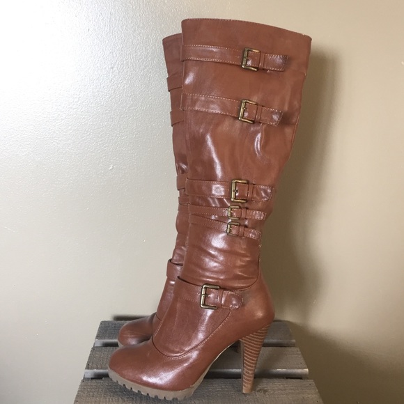 Tall Camel strappy heeled boots - Picture 1 of 4