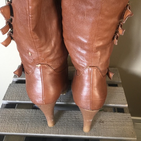 Tall Camel strappy heeled boots - Picture 3 of 4