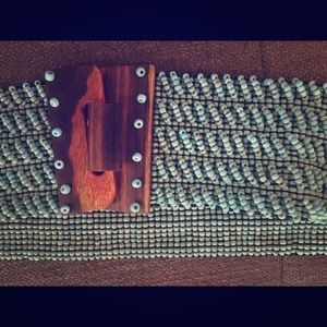 Beaded belt with wood clasp