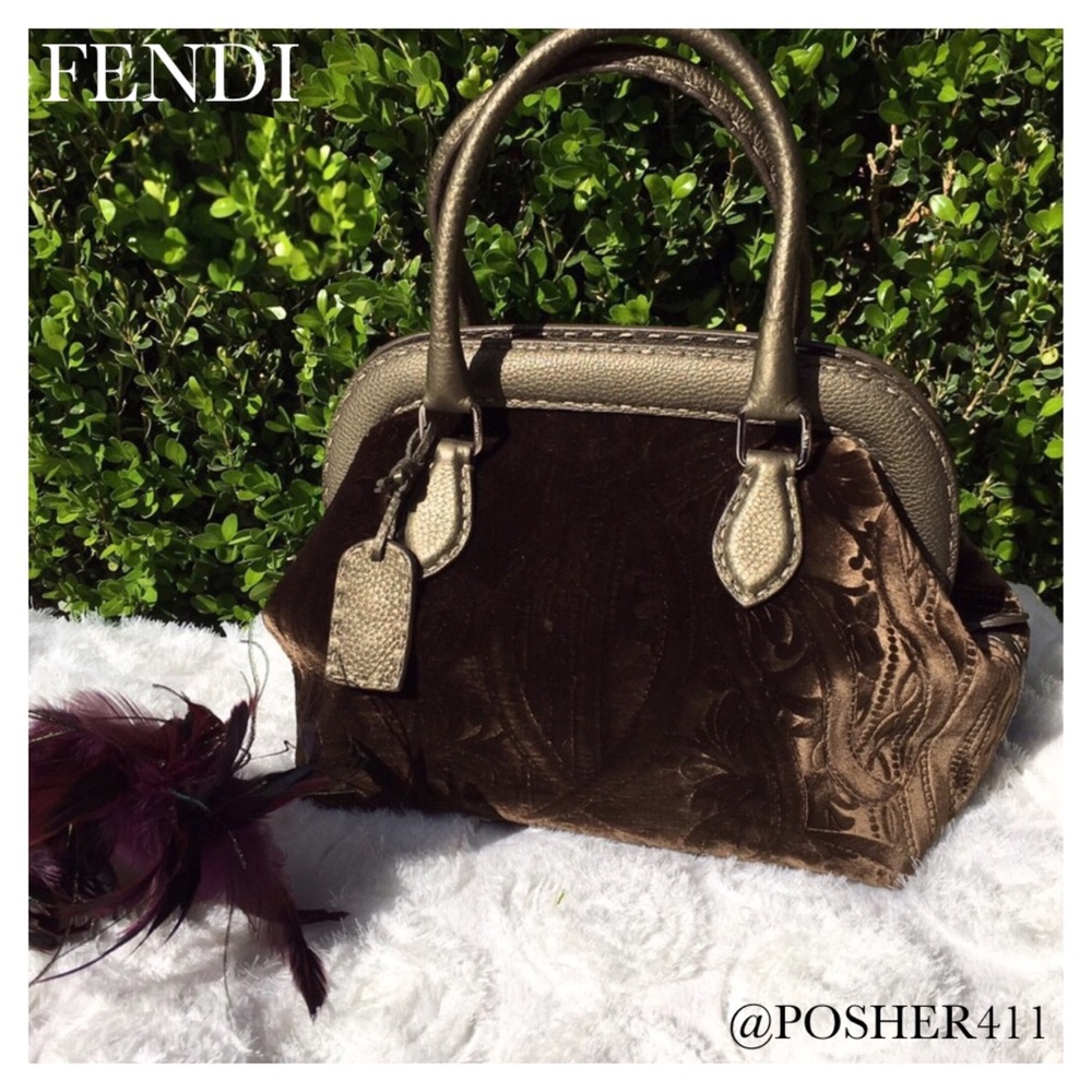 VINTAGE FENDI VELVET OLIVE GREEN SELLERIA BAG - Picture 1 of 7