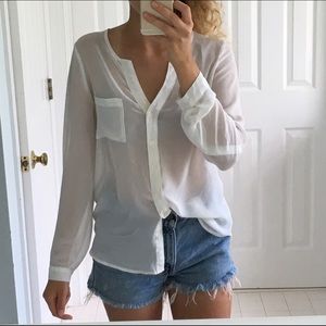 💥Sheer white button down blouse