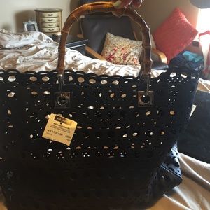 2 in one leather bag with wood handles